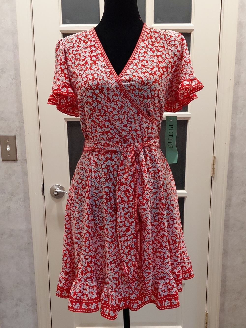 "Max Studio" NWT, SP, Red and White Floral Wrap Mini Dress. MSRP:$148